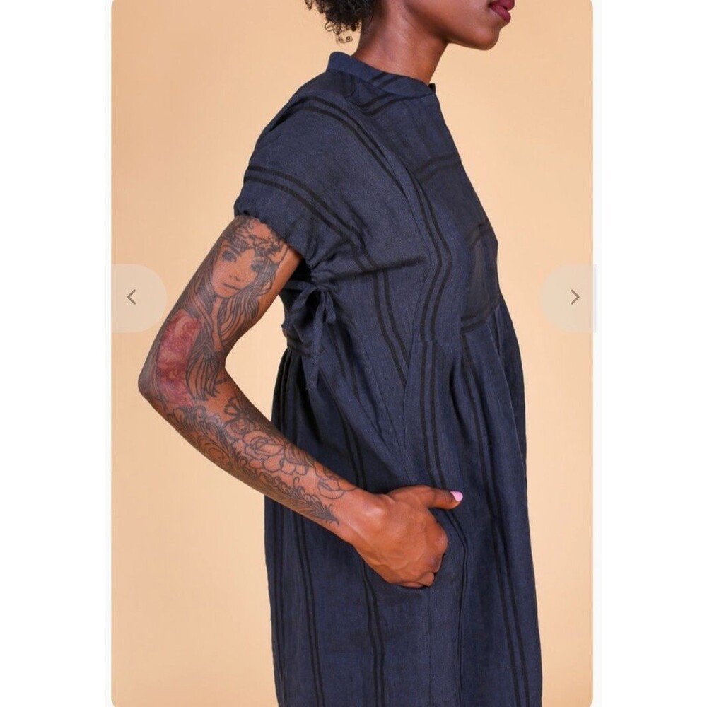 Steven Alan Womens 99% Linen Cotton Navy Black Stripe Dress USA Made Boho Medium - Picture 4 of 16